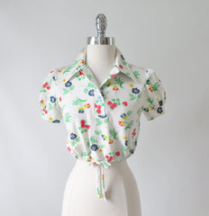 • Vintage 70's  Puff Sleeve Strawberry Blouse Top S - Bombshell Bettys Vintage