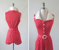 Vintage 70's Red Polka Dot Playsuit Shorts Romper W Matching Belt S - Bombshell Bettys Vintage