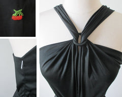 Vintage 70's Halter Black Jumpsuit Cherry Accent S - Bombshell Bettys Vintage