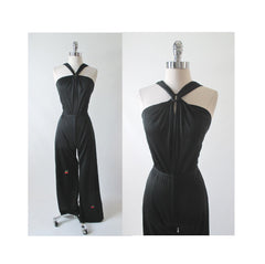 Vintage 70's Halter Black Jumpsuit Cherry Accent S - Bombshell Bettys Vintage