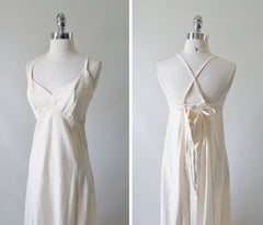 Vintage 70's Artisan Natural Halter Dress Maxi Gown M - Bombshell Bettys Vintage