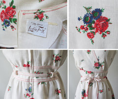 Vintage 70's Natural Cotton Red Blue Flower Day Dress M - Bombshell Bettys Vintage