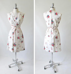 Vintage 70's Natural Cotton Red Blue Flower Day Dress M - Bombshell Bettys Vintage