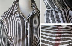 Vintage 70's Sheer Black White Blouse Top Wide Collar Classic Shirt L - Bombshell Bettys Vintage