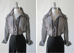 Vintage 70's Sheer Black White Blouse Top Wide Collar Classic Shirt L - Bombshell Bettys Vintage