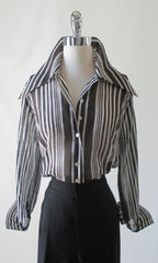 Vintage 70's Sheer Black White Blouse Top Wide Collar Classic Shirt L - Bombshell Bettys Vintage