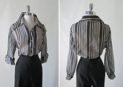 Vintage 70's Sheer Black White Blouse Top Wide Collar Classic Shirt L - Bombshell Bettys Vintage