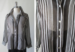 Vintage 70's Sheer Black White Blouse Top Wide Collar Classic Shirt L - Bombshell Bettys Vintage