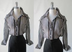 Vintage 70's Sheer Black White Blouse Top Wide Collar Classic Shirt L - Bombshell Bettys Vintage