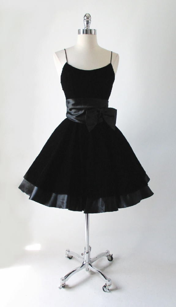 • New Old Stock Vintage 80's 50's Look Black Velvet Satin Bow Full Skirt Party Dress XS - Bombshell Bettys Vintage