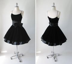 • New Old Stock Vintage 80's 50's Look Black Velvet Satin Bow Full Skirt Party Dress XS - Bombshell Bettys Vintage