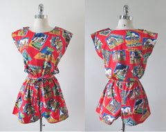 Vintage 80's Red Vacation Post Card Shorts Playsuit Romper - Bombshell Bettys Vintage