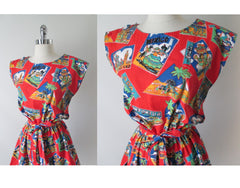 Vintage 80's Red Vacation Post Card Shorts Playsuit Romper - Bombshell Bettys Vintage