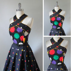 • Vintage 80's Black Polka Dot Full Skirt Halter Dress M - Bombshell Bettys Vintage