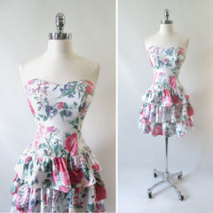 Vintage 80's 90's Garden Flowers Strapless Mini Dress XS - Bombshell Bettys Vintage