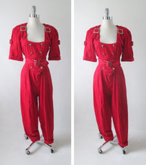 Vintage 80's Karen Alexander Red Buckles & Buttons Jumpsuit M - Bombshell Bettys Vintage