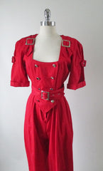 Vintage 80's Karen Alexander Red Buckles & Buttons Jumpsuit M - Bombshell Bettys Vintage