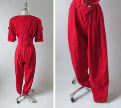 Vintage 80's Karen Alexander Red Buckles & Buttons Jumpsuit M - Bombshell Bettys Vintage