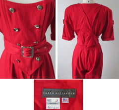 Vintage 80's Karen Alexander Red Buckles & Buttons Jumpsuit M - Bombshell Bettys Vintage