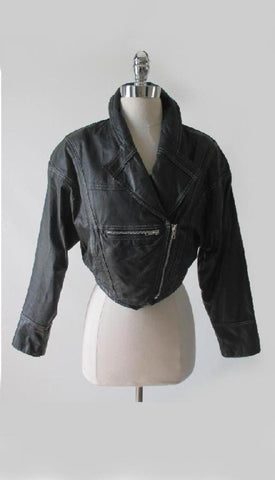 Vintage 80's Black Leather Jacket Cropped New Wave Origami Coat S