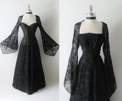 Spider Witch Dress Sheer Web Bell Sleeve Ball Gown Costume L - Bombshell Bettys Vintage