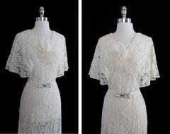 Vintage 30's Antique White Lace Wedding Special Occasion Gown Dress M - Bombshell Bettys Vintage