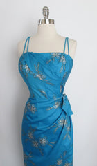 Vintage 50's 60's Blue Silver Hawaiian Sarong Dress Gown Matching Wrap Shawl L - Bombshell Bettys Vintage