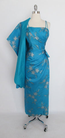 Vintage 50's 60's Blue Silver Hawaiian Sarong Dress Gown Matching Wrap Shawl L