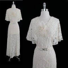 Vintage 30's Antique White Lace Wedding Special Occasion Gown Dress M - Bombshell Bettys Vintage