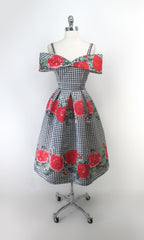 Horrockses Vintage 50s Style Gingham & Roses Full Skirt Party Dress S