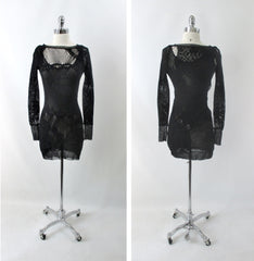 Vintage 90s Jean Paul Gaultier JPG Soleil Black Fishnet Lace Bodycon Dress S - Bombshell Bettys Vintage