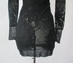 Vintage 90s Jean Paul Gaultier JPG Soleil Black Fishnet Lace Bodycon Dress S - Bombshell Bettys Vintage