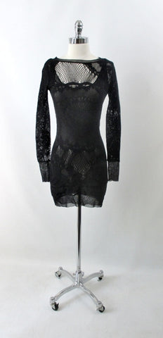 • Vintage 90s Jean Paul Gaultier JPG Soleil Black Fishnet Lace Bodycon Dress S