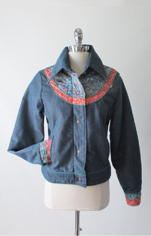 Vintage 70's Womens Levis Denim Calico Patchwork Ski Jacket Coat L