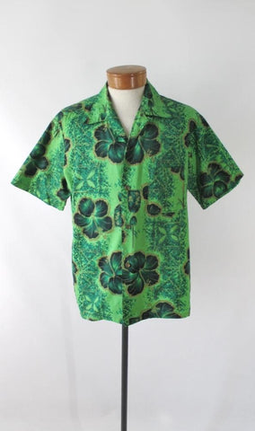 Mens Vintage 50s Green & Gold Hawaiian Shirt XL