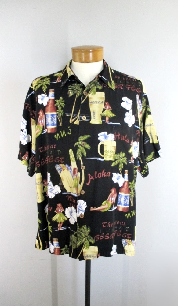 Mens Vintage Hula Girls & Beer Kahala Rayon Hawaiian Shirt XL - Bombshell Bettys Vintage