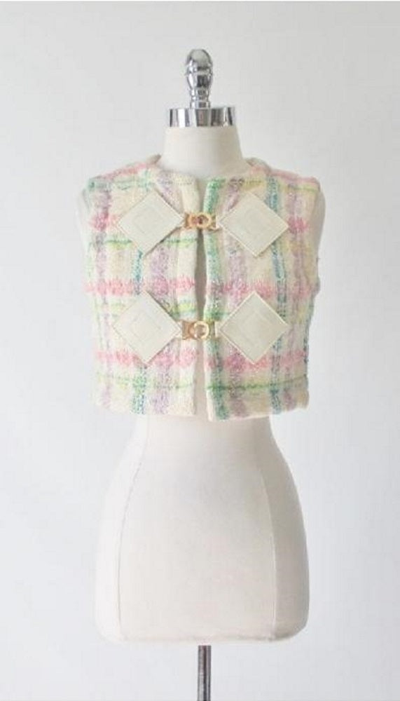 Vintage 60's Pierre Cardin MOD Vinyl Diamond Pastel Tweed Vest S - Bombshell Bettys Vintage
