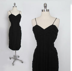 • Vintage 50's Suzy Perette Black Pleated Chiffon Sheath Dress M - Bombshell Bettys Vintage