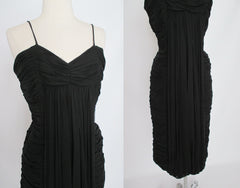 • Vintage 50's Suzy Perette Black Pleated Chiffon Sheath Dress M - Bombshell Bettys Vintage