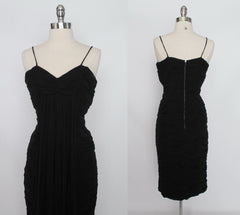 • Vintage 50's Suzy Perette Black Pleated Chiffon Sheath Dress M - Bombshell Bettys Vintage