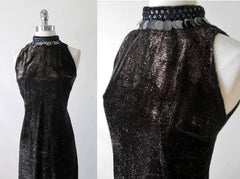 Vintage 60s Black Tinsel Evening Gown Cocktail Party Dress XS
