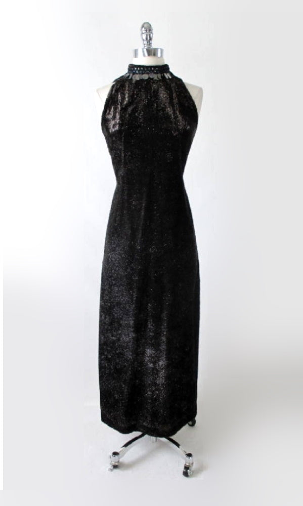 Vintage 60s Black Tinsel Evening Gown Cocktail Party Dress XS