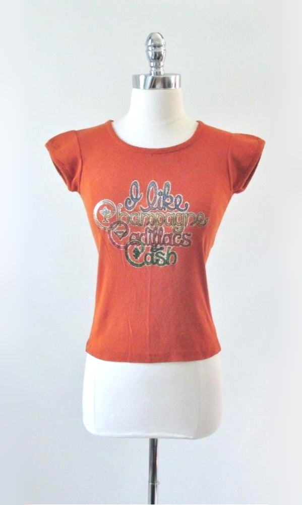 Vintage 70's Glitter T Shirt Champagne Cadillacs & Cash L