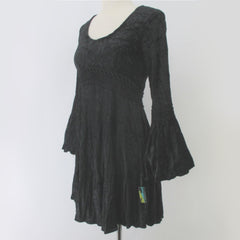 Vintage 90s Black Crushed Velvet Bell Sleeve Mini Dress S