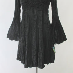 Vintage 90s Black Crushed Velvet Bell Sleeve Mini Dress S