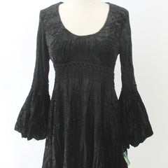 Vintage 90s Black Crushed Velvet Bell Sleeve Mini Dress S