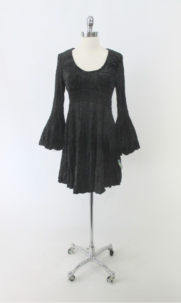 Vintage 90s Black Crushed Velvet Bell Sleeve Mini Dress S