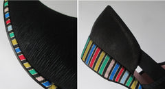 Vintage 30s 40s Black Faille Striped Wedge Slippers Shoes 8 - Bombshell Bettys Vintage