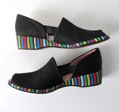 Vintage 30s 40s Black Faille Striped Wedge Slippers Shoes 8 - Bombshell Bettys Vintage