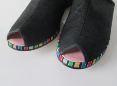 Vintage 30s 40s Black Faille Striped Wedge Slippers Shoes 8 - Bombshell Bettys Vintage